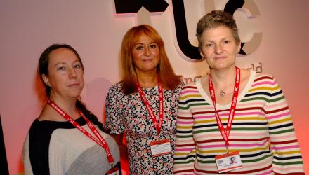 Helen Lewes, Claire Sullivan and Alex MacKenzie stand infront of a TUC branded background
