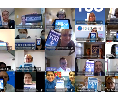 Support workers holding up Shout Out For Support Workers digital placards on a video call