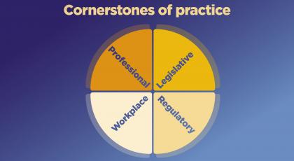 The four cornerstones of physiotherapy practice are: legislative, regulatory, professional and workplace