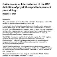 Front cover of guidance note on interpretation of the definition of physiotherapist prescribing