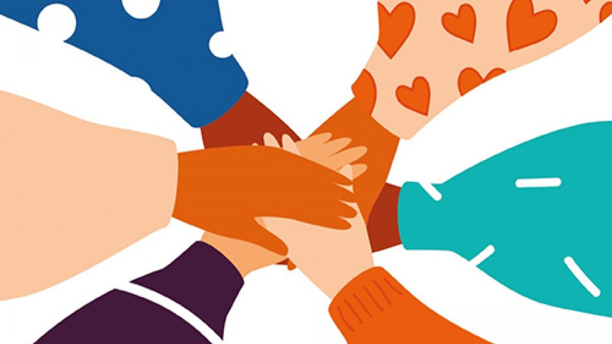 Graphic of diverse hands joining together