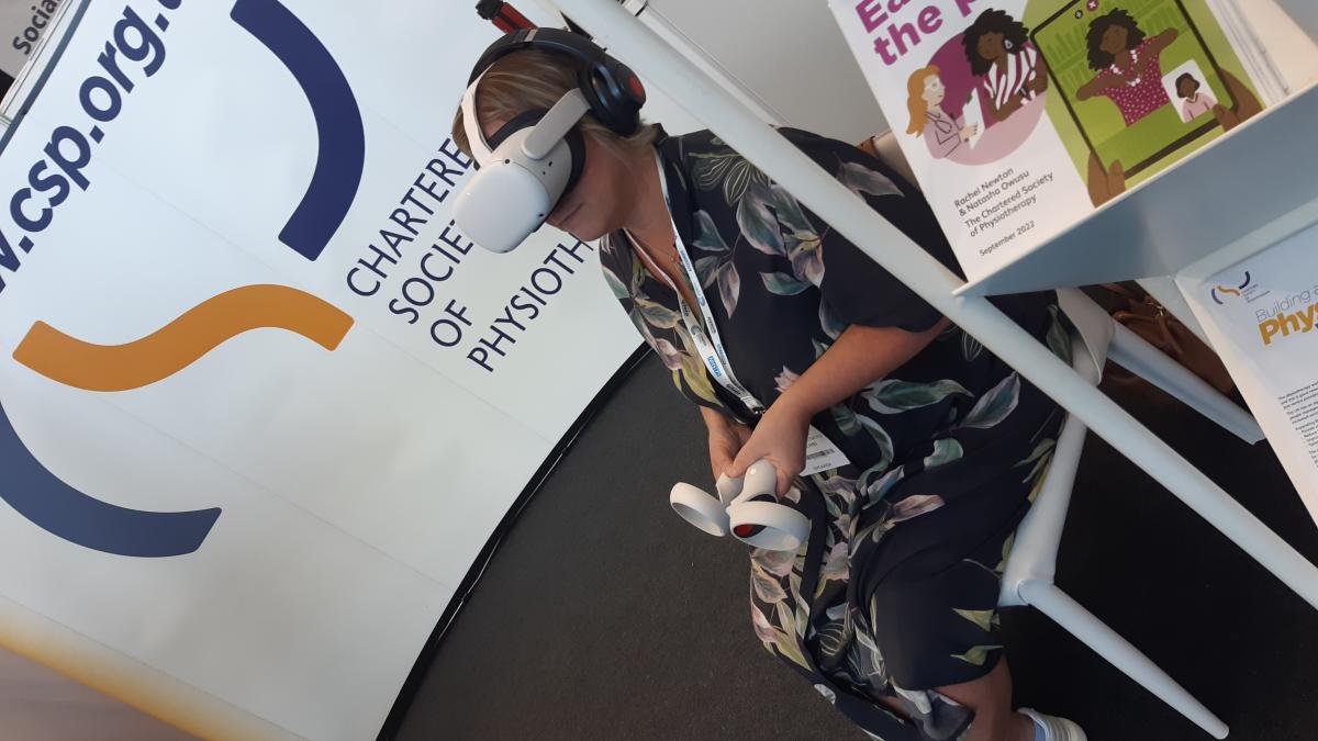 Jenny Keane using VR headset at CSP stand