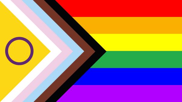 Image shows the Pride Progress flag. 'Progress' is a reinterpretation of multiple iterations of the Pride flag.