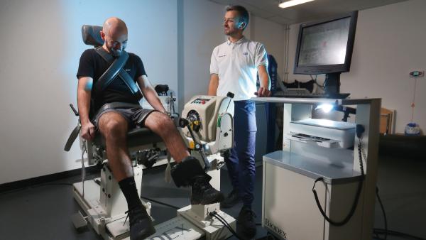 Patient Sean Bowdler with physiotherapist Nick Holden at the Manchester Institute of Health and Performance