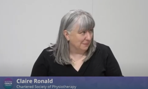 Head and shoulder shot of a person sitting in front a white background.  A visual overlay reads "Claire Ronald, Chartered Society of Physiotherapy"