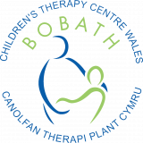 Logo for Bobath Children's Therapy Centre Wales - a larger adult figure holds a smaller child figure. The charity's name surrounds the two figures.