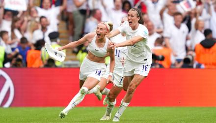 Chloe Kelly celebrates with her team mates after scoring the Euro 2022 final's winning goal