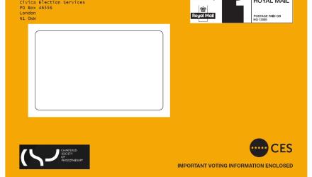 A golden, postage paid envelope, it reads 'Important voting information enclosed'