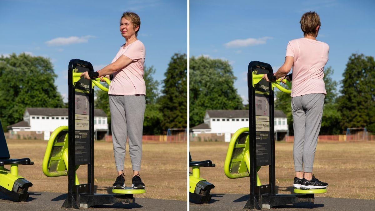 Photograph of a woman using an oblique machine at the park