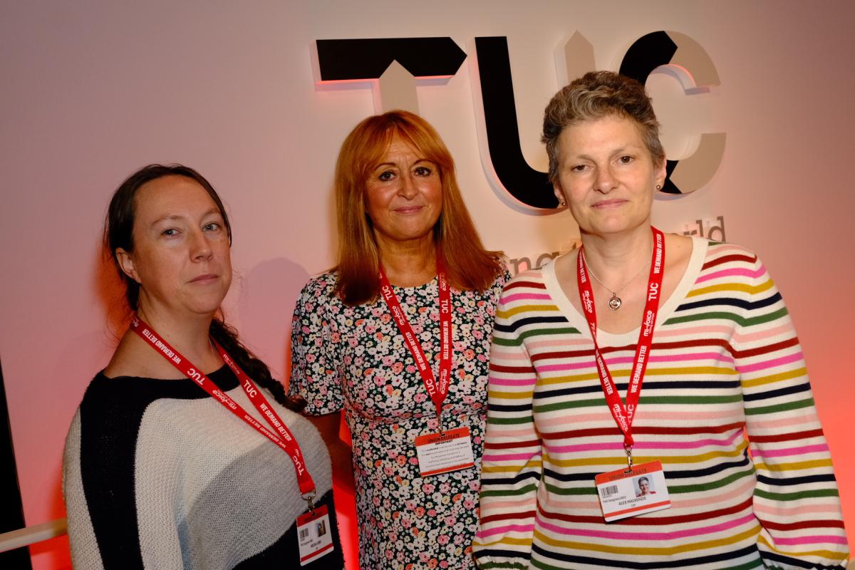 Helen Lewes, Claire Sullivan and Alex MacKenzie stand infront of a TUC branded background
