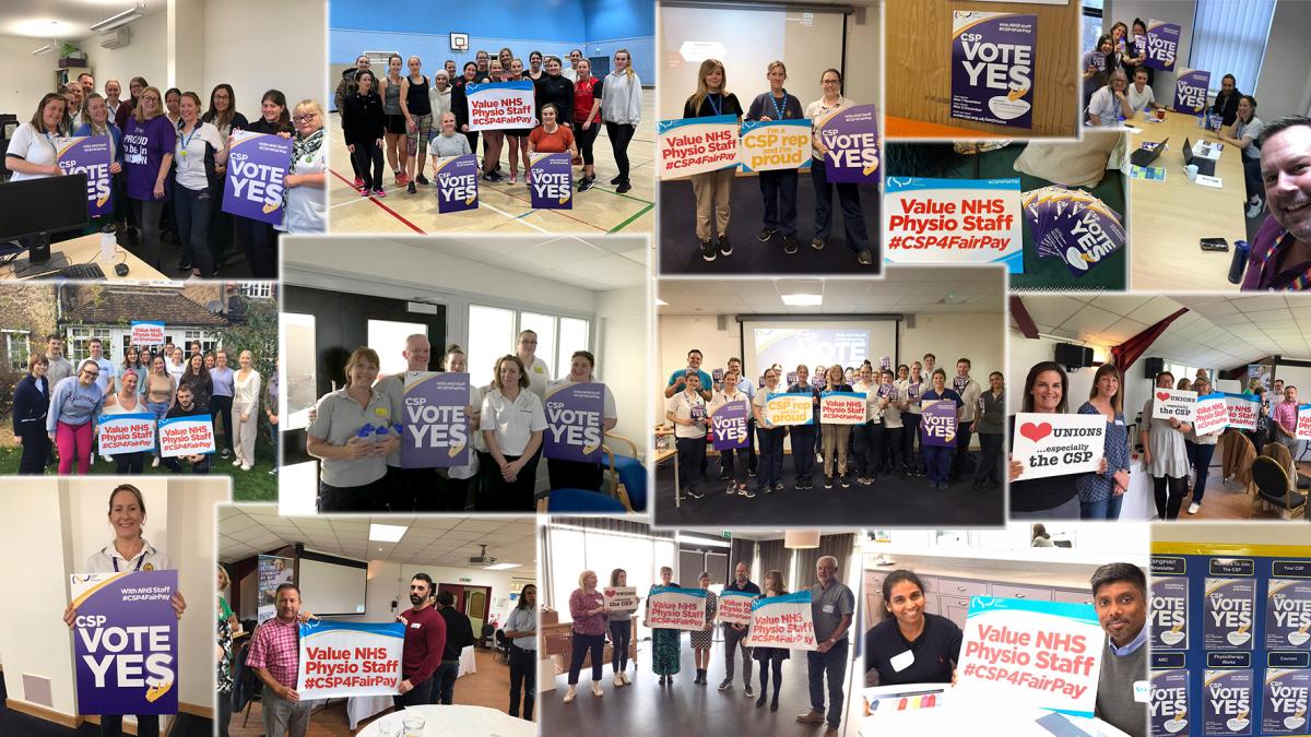 A photo montage of CSP members holding various 'Vote Yes'-related banners