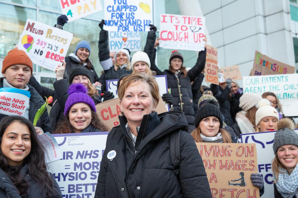 CEO Karen Middleton with striking physio staff at UCLH