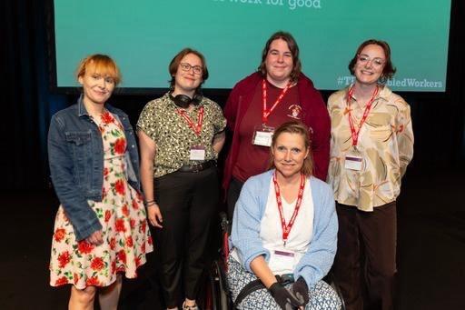 CSP delegates at the TUC Disabled Workers Conference (left to right): Sian Caulfield, Jasmine Churms; Iona Bateman; Scarlett Chamberlain and Greet Janssens (front)