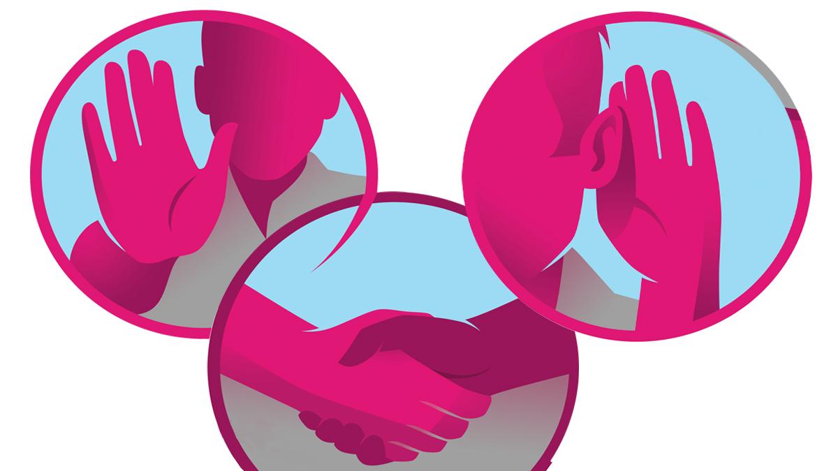 Graphic illustration of three images merged of hands to show stop, image of hand shake and the hand to ear FL Aug 2024
